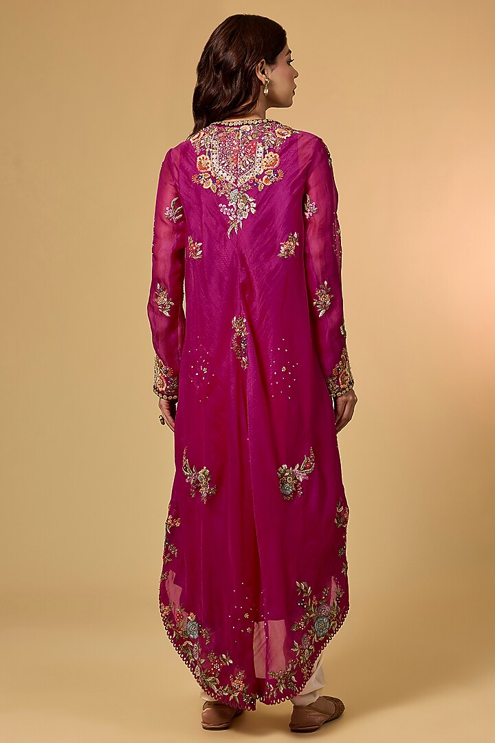 Fuchsia Pink Organza Hand & Machine Embroidered Kurta Set by Petticoat Lane at Pernia's Pop Up Shop