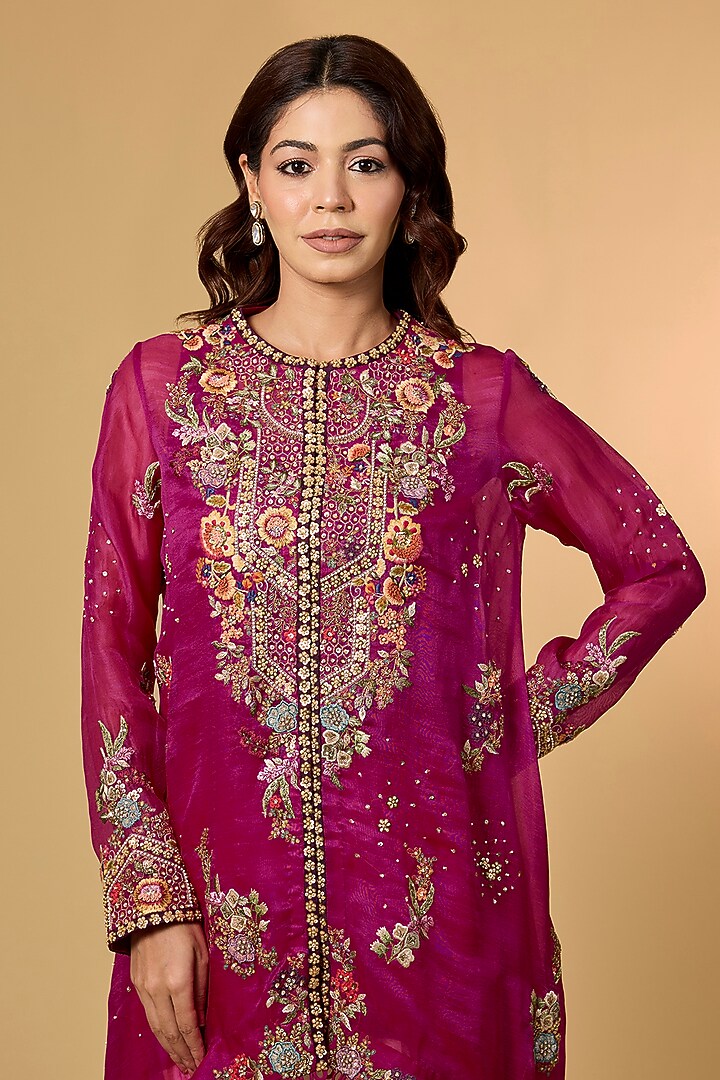 Fuchsia Pink Organza Hand & Machine Embroidered Kurta Set by Petticoat Lane at Pernia's Pop Up Shop