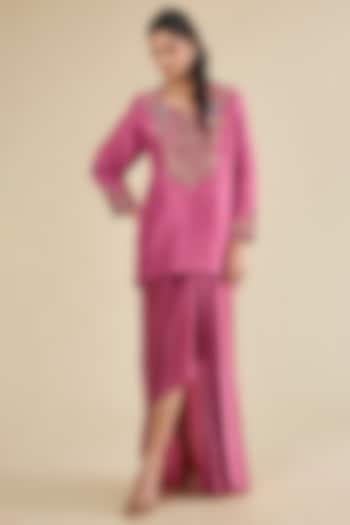 Old Rose Satin High-Low Dhoti Set by Petticoat Lane at Pernia's Pop Up Shop