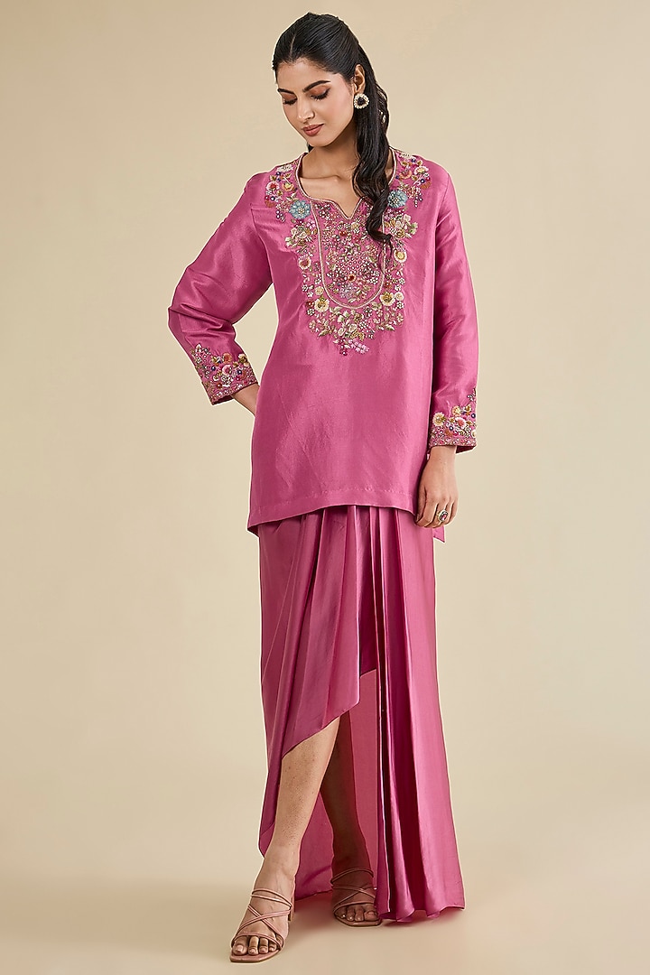 Old Rose Satin High-Low Dhoti Set by Petticoat Lane at Pernia's Pop Up Shop