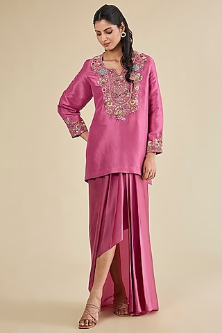 Old Rose Satin High-Low Dhoti Set by Petticoat Lane
