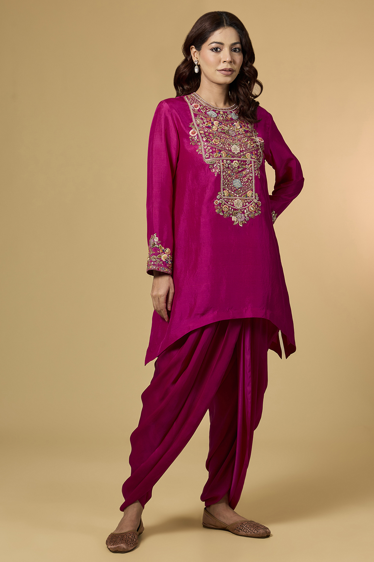 Fuchsia Pink Dupion Silk Hand & Machine Embroidered Kurta Set by Petticoat Lane at Pernia's Pop Up Shop