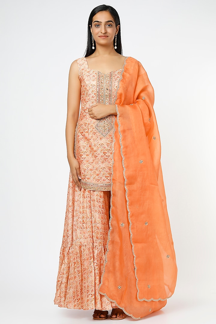 Orange Printed Sharara Set by Petticoat Lane