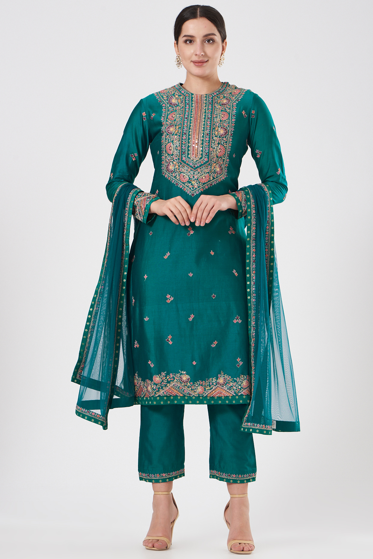 Deep Turquoise Chanderi Straight Kurta Set by Petticoat Lane at Pernia's Pop Up Shop