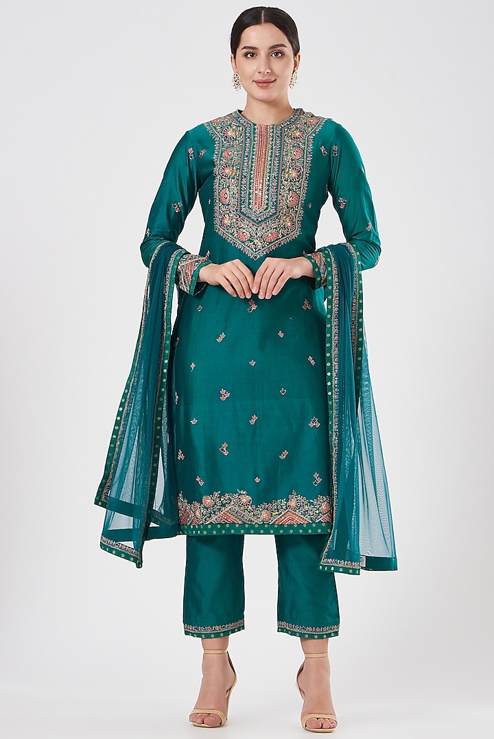 Deep Turquoise Chanderi Straight Kurta Set by Petticoat Lane at Pernia's Pop Up Shop