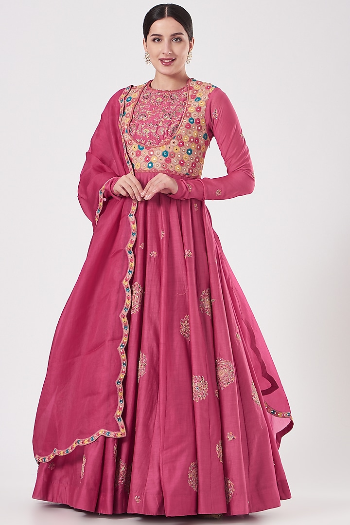 Fuchsia Chanderi Kalidar Anarkali Set Design by Petticoat Lane at ...