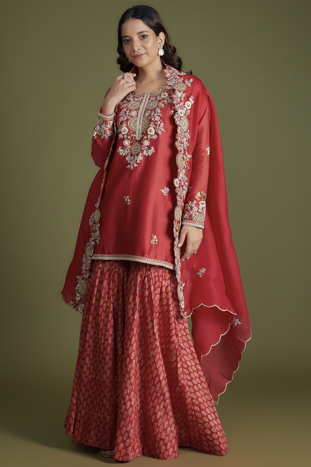 Red Chanderi Printed Sharara Set by Petticoat Lane at Pernia's Pop Up Shop