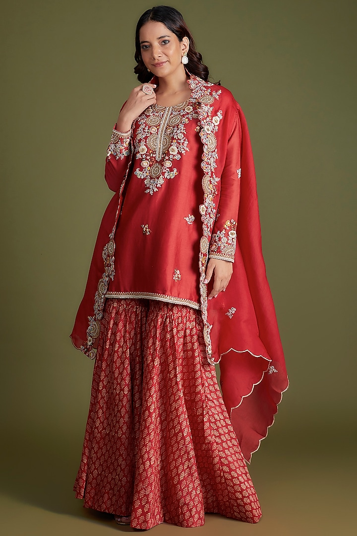 Red Chanderi Printed Sharara Set by Petticoat Lane at Pernia's Pop Up Shop