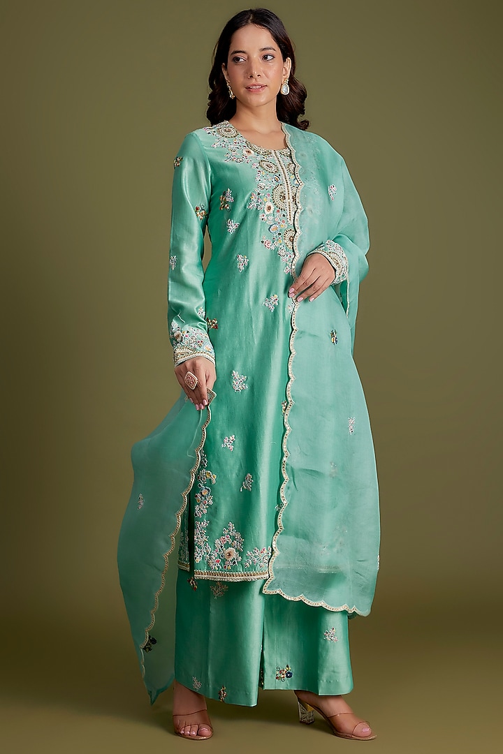 Turquoise Chanderi Kurta Set by Petticoat Lane at Pernia's Pop Up Shop