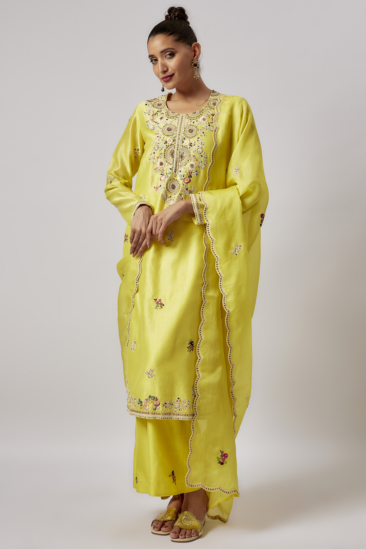 Yellow Chanderi Embroidered Kurta Set by Petticoat Lane at Pernia's Pop Up Shop