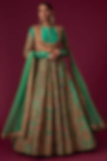 Turquoise Chanderi Kalidar Anarkali Set by Petticoat Lane