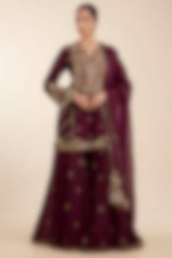 Maroon Chanderi Embroidered Bridal Sharara Set by Petticoat Lane at Pernia's Pop Up Shop