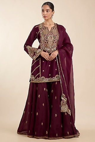 Maroon Chanderi Embroidered Sharara Set by Petticoat Lane