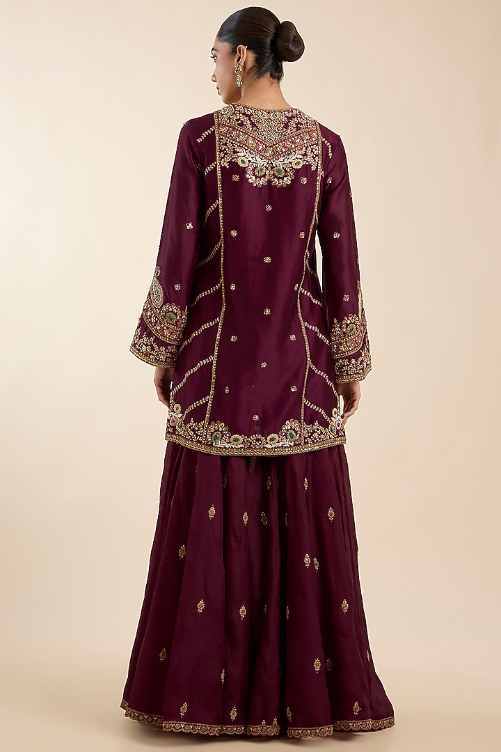 Maroon Chanderi Embroidered Bridal Sharara Set by Petticoat Lane at Pernia's Pop Up Shop