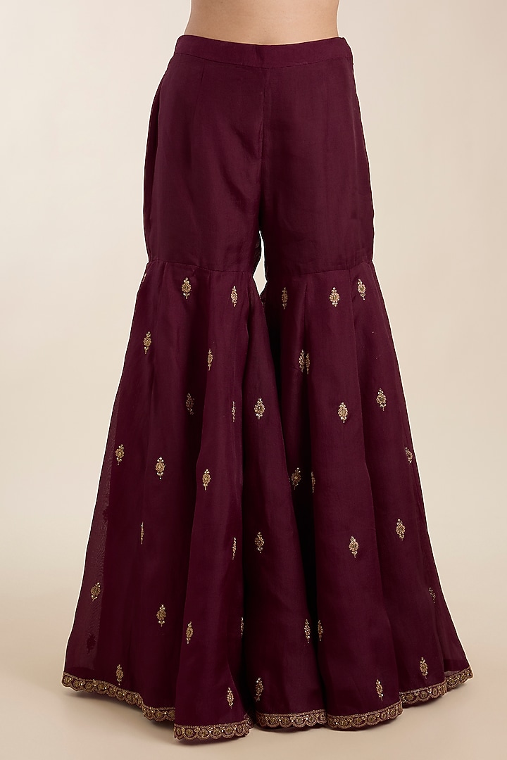 Maroon Chanderi Embroidered Bridal Sharara Set by Petticoat Lane at Pernia's Pop Up Shop