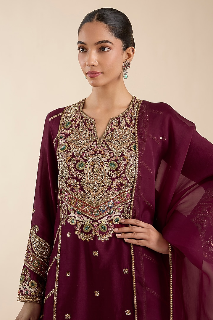 Maroon Chanderi Embroidered Bridal Sharara Set by Petticoat Lane at Pernia's Pop Up Shop