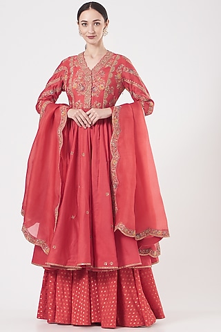 Red Brocade Sharara Set by Petticoat Lane