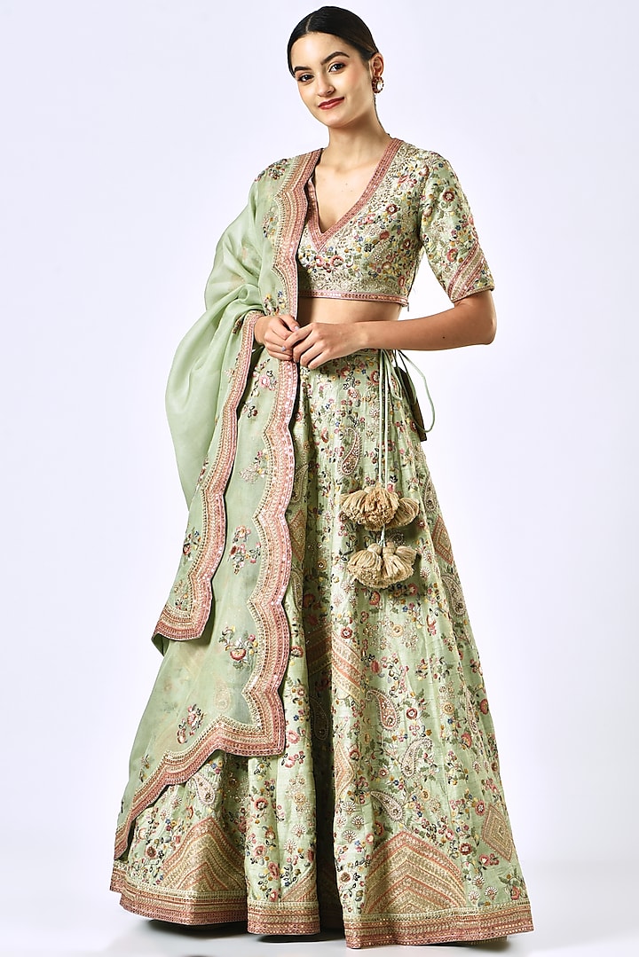 Pista Green Embroidered Lehenga Set by Petticoat Lane