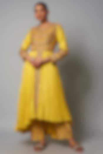 Yellow Chanderi Printed Crushed Kalidar Anarkali Set by Petticoat Lane at Pernia's Pop Up Shop