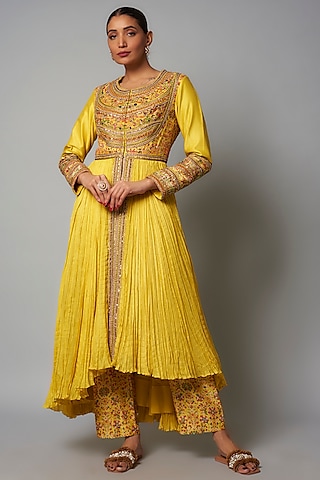 Yellow Chanderi Printed Crushed Kalidar Anarkali Set by Petticoat Lane