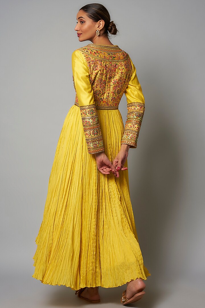 Yellow Chanderi Printed Crushed Kalidar Wedding Anarkali Set by Petticoat Lane at Pernia's Pop Up Shop