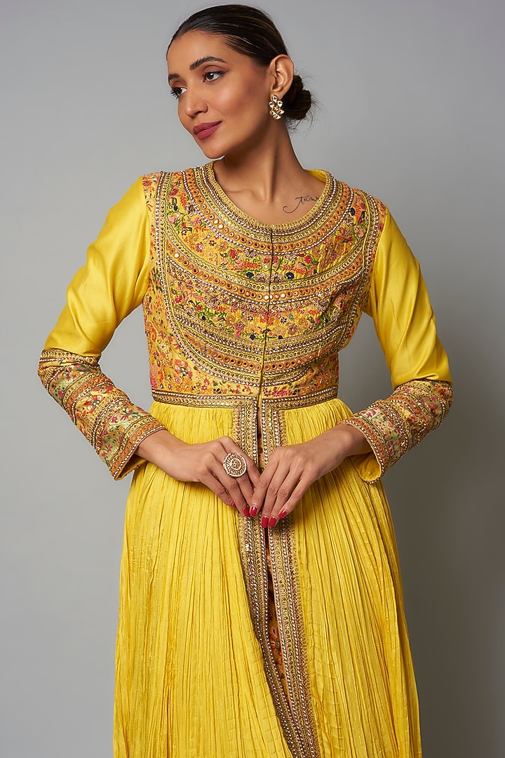 Yellow Chanderi Printed Crushed Kalidar Wedding Anarkali Set by Petticoat Lane at Pernia's Pop Up Shop