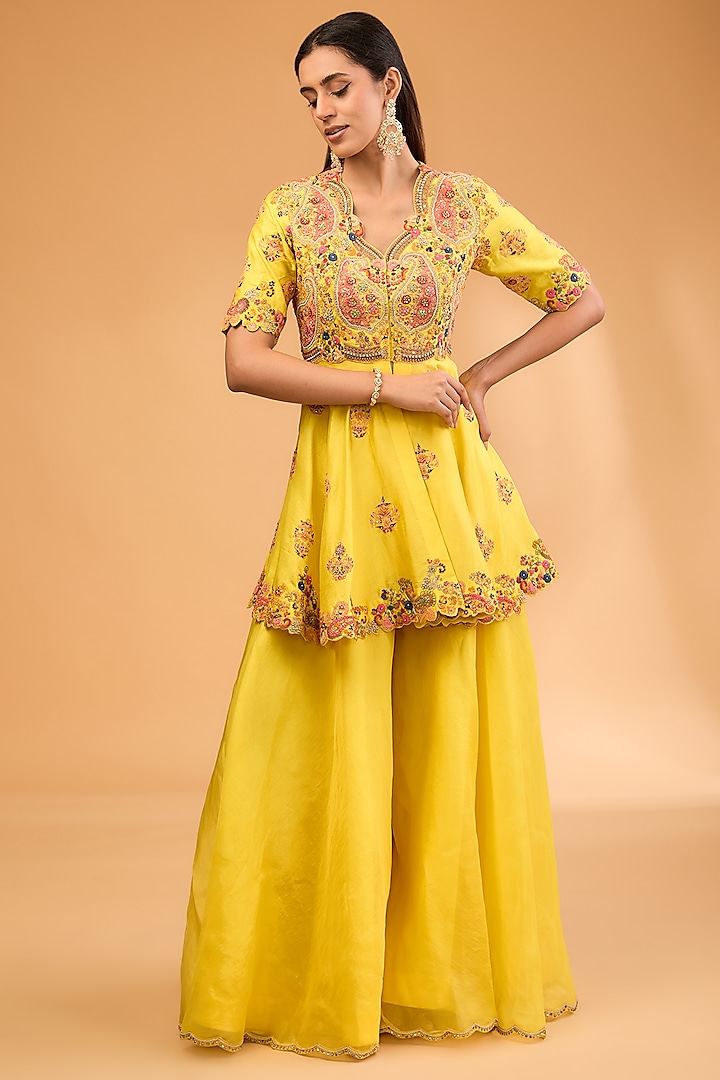 Yellow Organza Sharara Set by Petticoat Lane at Pernia's Pop Up Shop