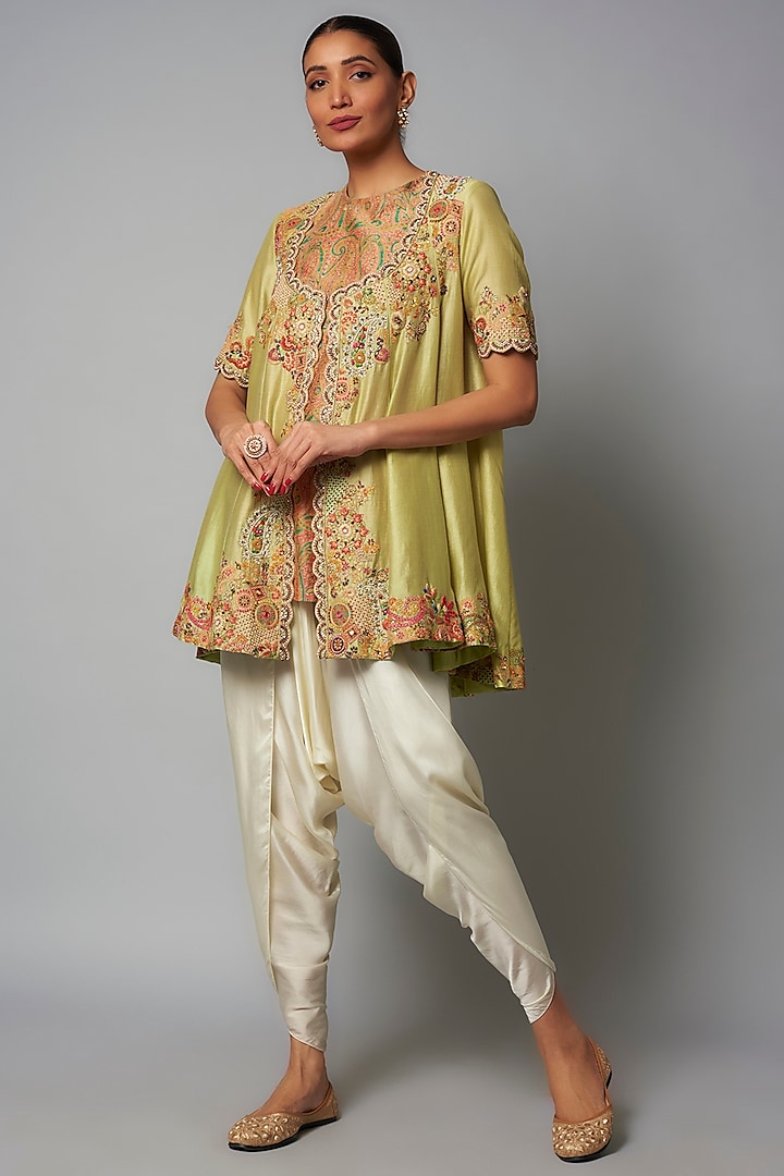 Pista Green Chanderi Hand & Machine Embroidered Tunic Set by Petticoat Lane at Pernia's Pop Up Shop