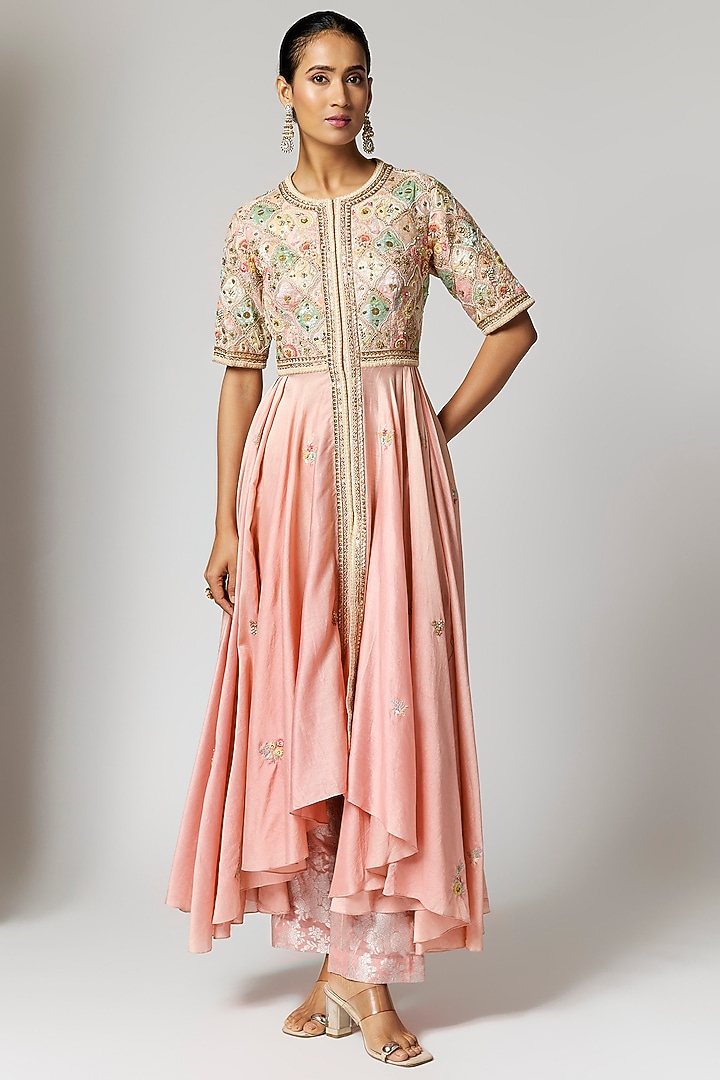 Lilac Brocade Patch Work Asymmetric Kalidar Kurta Set by Petticoat Lane at Pernia's Pop Up Shop