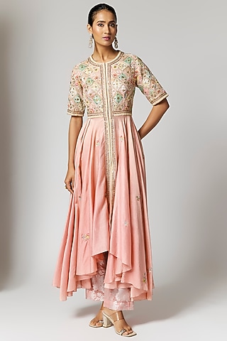 Lilac Brocade Patch Work Asymmetric Kalidar Kurta Set by Petticoat Lane