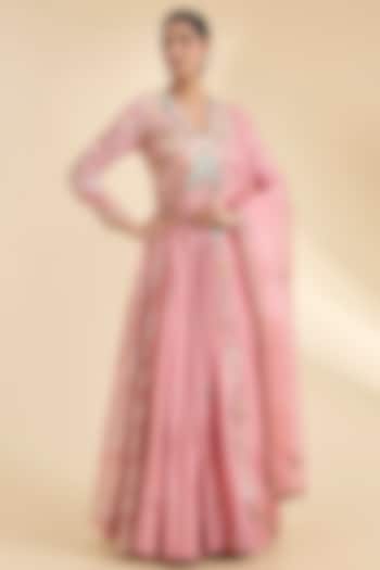 Pink Brocade Patchwork Kalidar Bridal Anarkali Set by Petticoat Lane at Pernia's Pop Up Shop