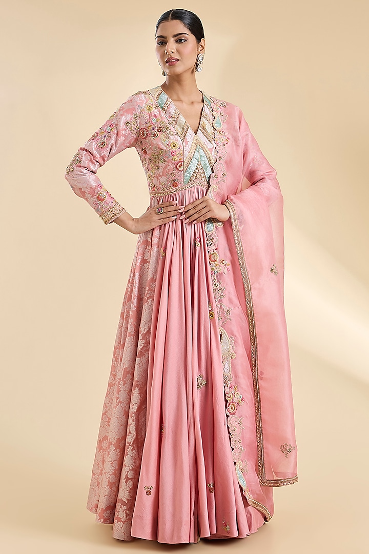 Pink Brocade Patchwork Kalidar Bridal Anarkali Set by Petticoat Lane at Pernia's Pop Up Shop