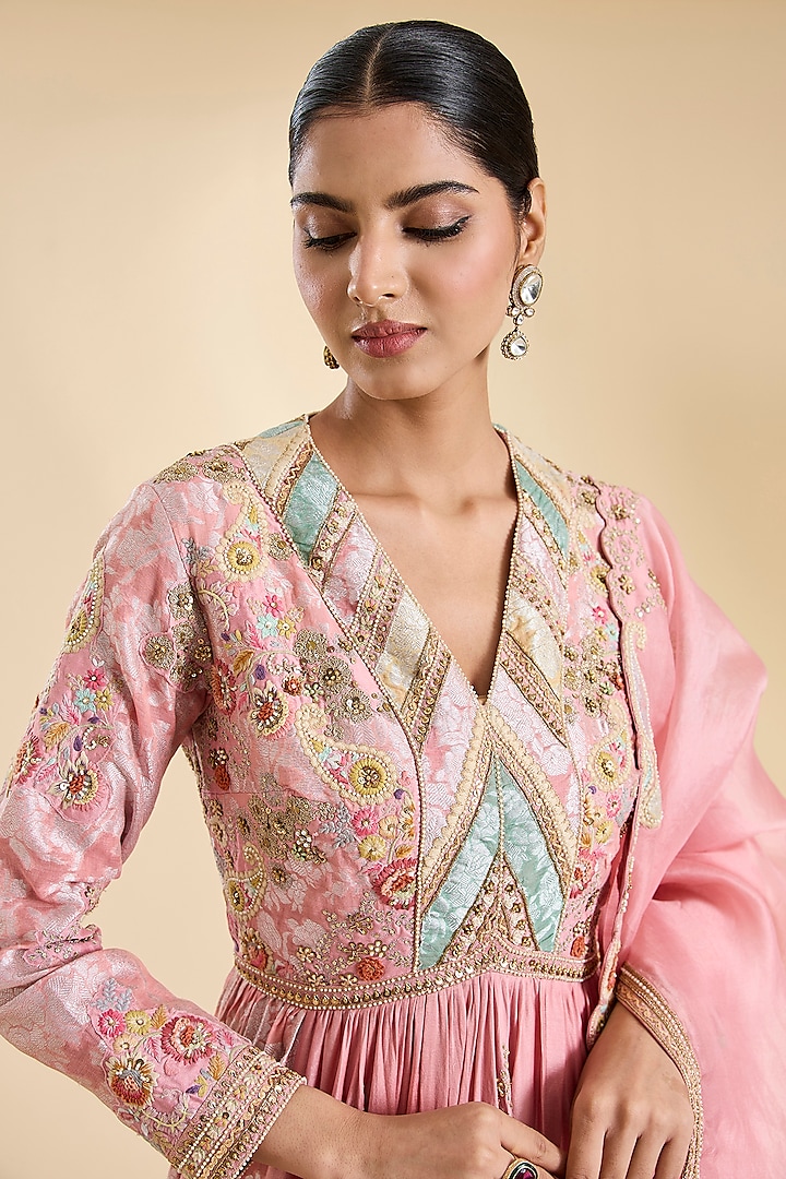 Pink Brocade Patchwork Kalidar Bridal Anarkali Set by Petticoat Lane at Pernia's Pop Up Shop