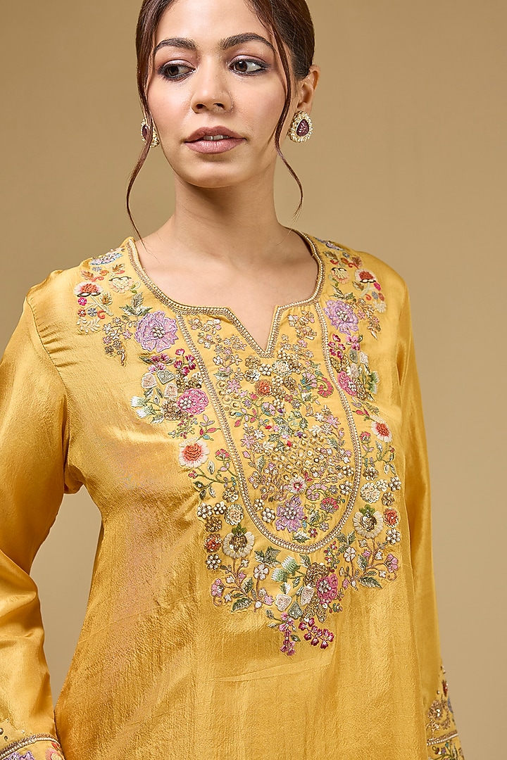 Yellow Dupion Silk Hand & Machine Embroidered Kurta Set by Petticoat Lane at Pernia's Pop Up Shop