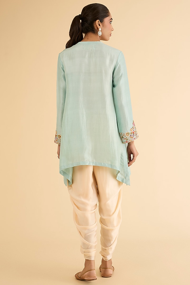 Aqua Blue Dupion Silk Hand & Machine Embroidered Asymmetrical Kurta Set by Petticoat Lane at Pernia's Pop Up Shop