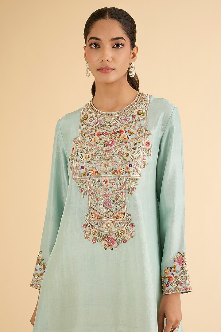 Aqua Blue Dupion Silk Hand & Machine Embroidered Asymmetrical Kurta Set by Petticoat Lane at Pernia's Pop Up Shop