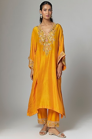 Yellow Dupion & Chanderi Embroidered Kurta Set by Petticoat Lane
