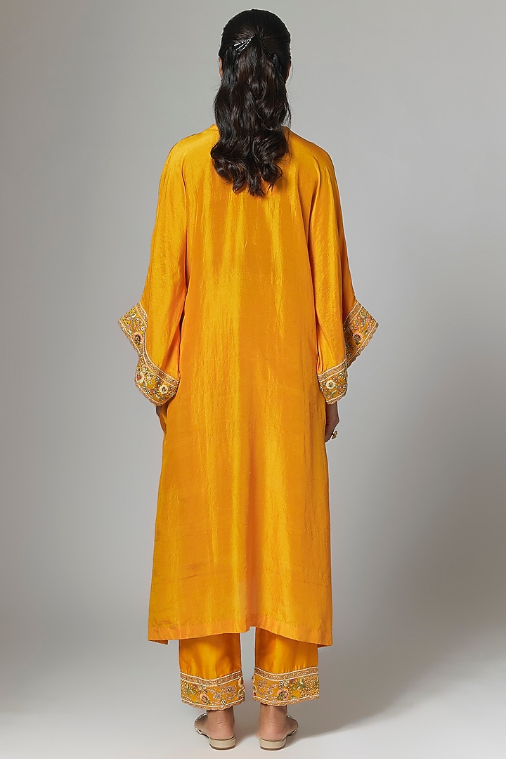 Yellow Dupion & Chanderi Embroidered Kurta Set by Petticoat Lane at Pernia's Pop Up Shop