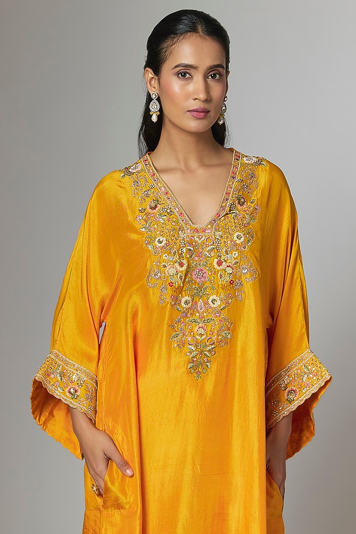 Yellow Dupion & Chanderi Embroidered Kurta Set by Petticoat Lane at Pernia's Pop Up Shop
