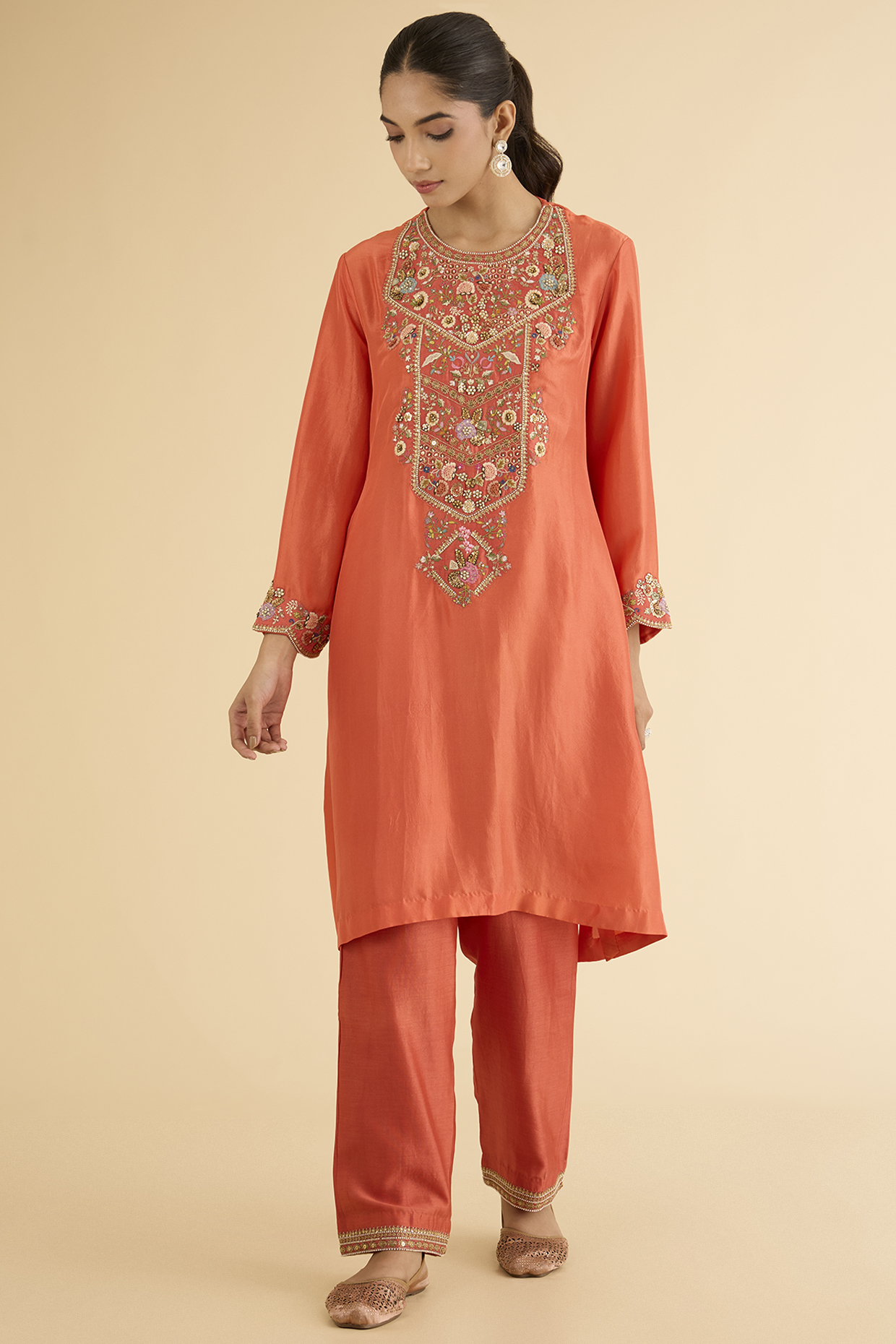 Rust Dupion Silk Hand & Machine Embroidered Kurta Set by Petticoat Lane at Pernia's Pop Up Shop