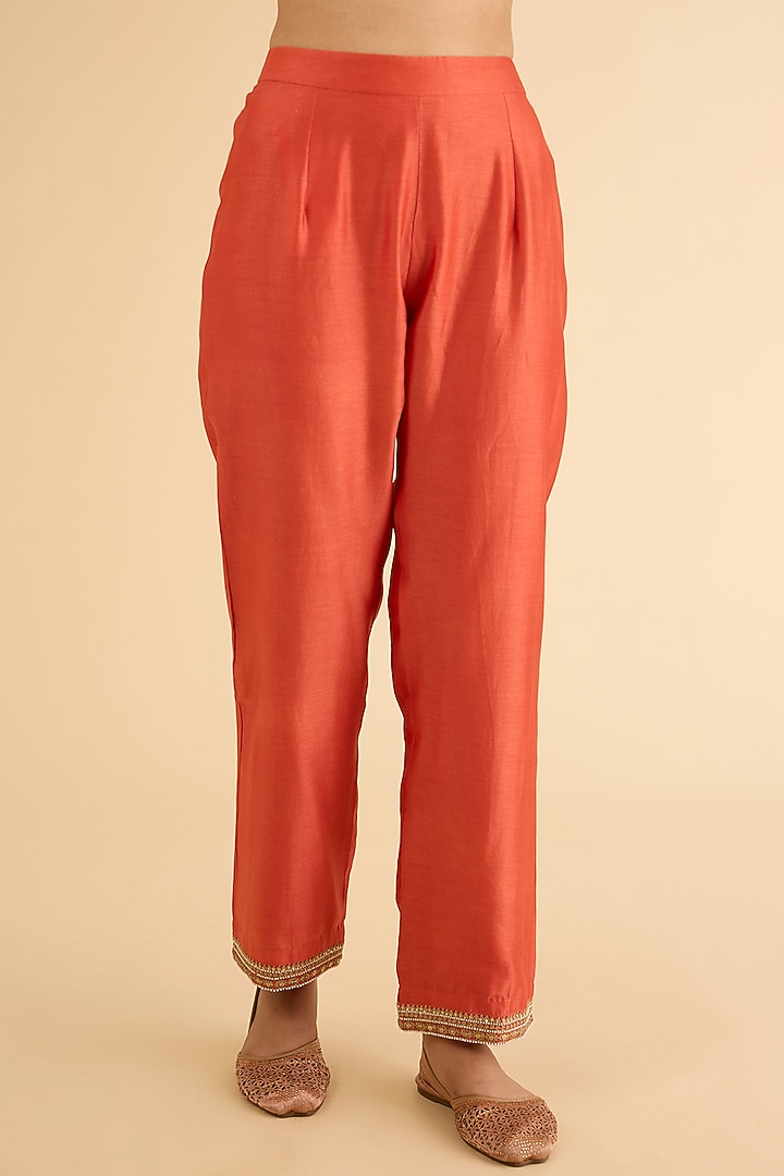 Rust Dupion Silk Hand & Machine Embroidered Kurta Set by Petticoat Lane at Pernia's Pop Up Shop