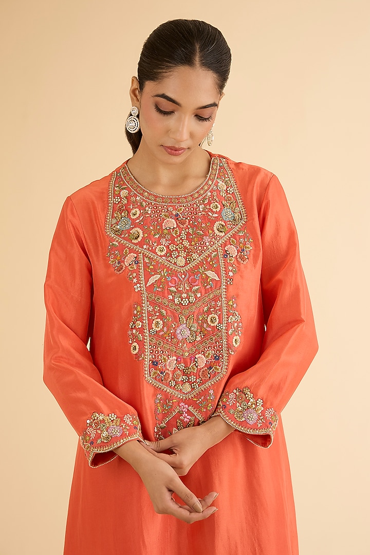 Rust Dupion Silk Hand & Machine Embroidered Kurta Set by Petticoat Lane at Pernia's Pop Up Shop