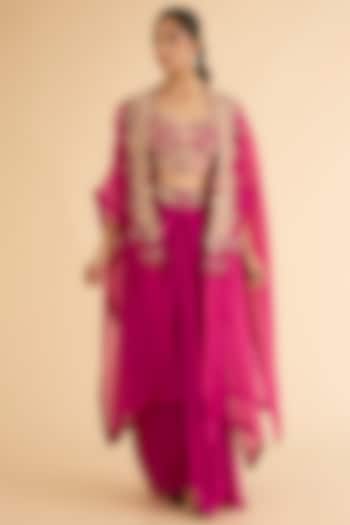 Fuchsia Pink Organza Brocade Patchwork Cape Set by Petticoat Lane at Pernia's Pop Up Shop