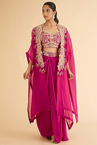 Fuchsia Pink Organza Brocade Patchwork Cape Set by Petticoat Lane