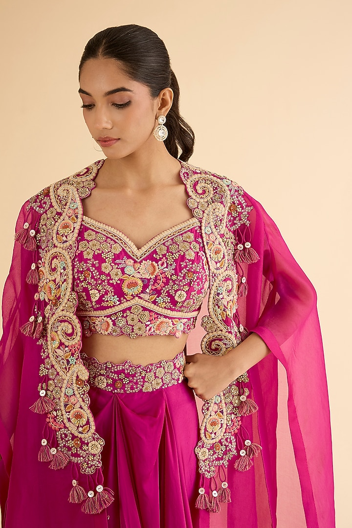 Fuchsia Pink Organza Brocade Patchwork Cape Set by Petticoat Lane at Pernia's Pop Up Shop