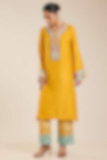 Mustard Dupion & Brocade Kurta Set by Petticoat Lane at Pernia's Pop Up Shop