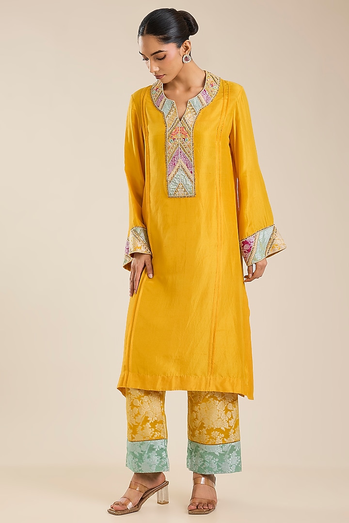 Mustard Dupion & Brocade Kurta Set by Petticoat Lane at Pernia's Pop Up Shop