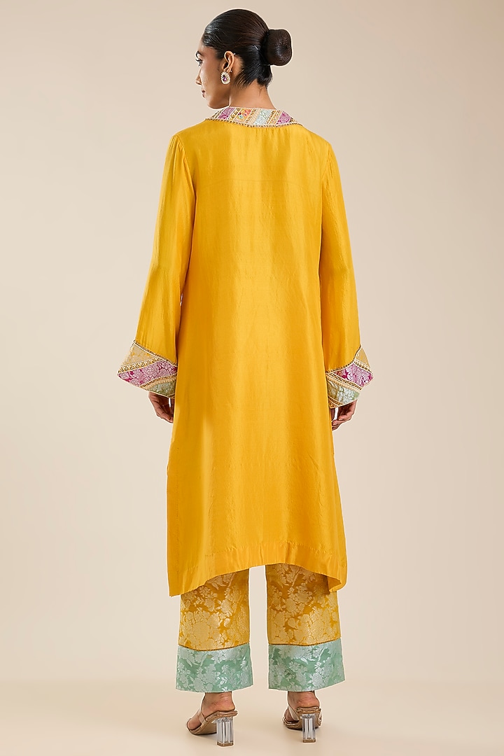 Mustard Dupion & Brocade Kurta Set by Petticoat Lane at Pernia's Pop Up Shop