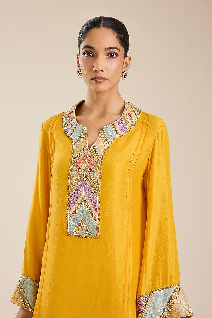 Mustard Dupion & Brocade Kurta Set by Petticoat Lane at Pernia's Pop Up Shop