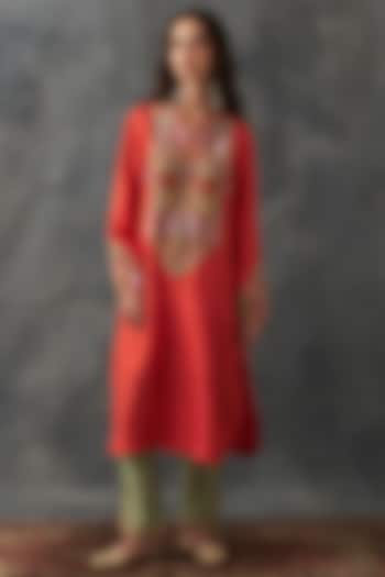 Rust Dupion Silk Patch Work Kurta Set by Petticoat Lane at Pernia's Pop Up Shop